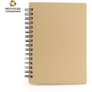 A brown notebook made from recycled cardboard with a spiral binding on the side.