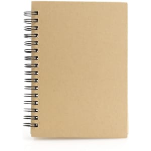 A brown spiral-bound notebook with a plain cover and metal coil binding.