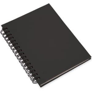 A black spiral-bound notebook with a plain cover and lined pages. It features a logo on the front.