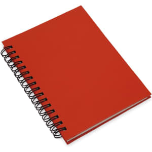 A red spiral-bound notebook with a plain cover and black binding.