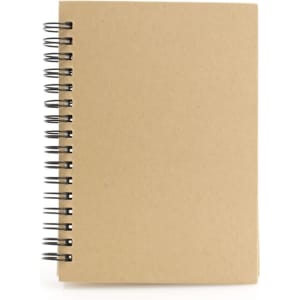 A spiral-bound notebook with a kraft cover, featuring a simple design and a metal binding.