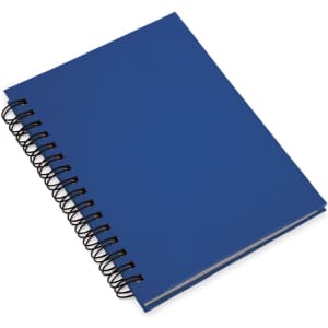 A blue spiral-bound notebook with a plain cover and metal binding is displayed.