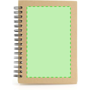 A spiral-bound notebook with a kraft cover and a bright green blank section on the front.