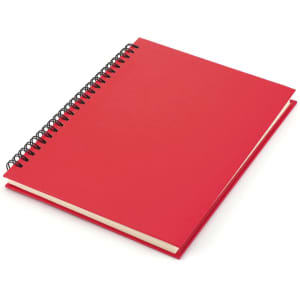 A red spiral-bound notebook with a plain cover and blank pages. It features a logo on the front.