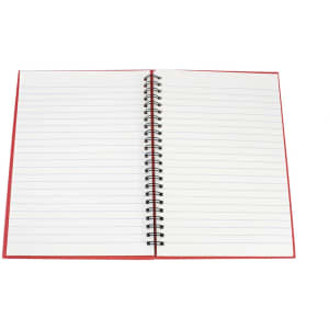 A red spiral-bound notebook featuring lined pages. The cover is smooth with no additional designs.