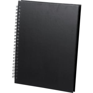 A black spiral-bound notebook featuring a smooth cover and an internal pocket. It also has a logo on the front.