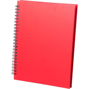A red spiral-bound notebook with a smooth cover, featuring a branding logo on the front.