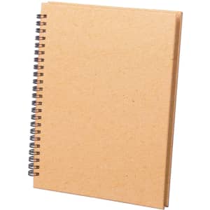 A brown spiral-bound notebook with a plain cover and a textured finish. It has a branded logo on the front.
