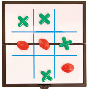 A game board for Tic Tac Toe with red and green markers arranged on a grid, featuring a black frame.