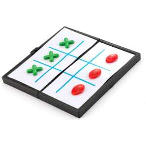 A Tic-Tac-Toe game featuring green crosses and red circles on a black foldable board with blue grid lines.