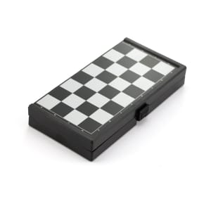 A compact black and white chess set in a foldable case, featuring a checkered board design.