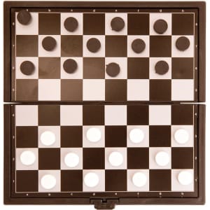 A checkers game set with black and white pieces arranged on an alternating black and white board. It has a compact design with a logo.