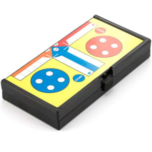 A rectangular game box in yellow, featuring red and blue circles and a sliding mechanism, with a logo on it.