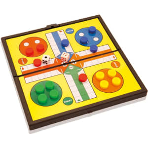 A board game with a yellow surface featuring coloured player pieces, a dice, and a folding design. It has a logo.