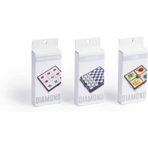 Three game boxes, featuring brightly coloured designs for tic-tac-toe, checkers, and ludo, with a diamond logo on each.