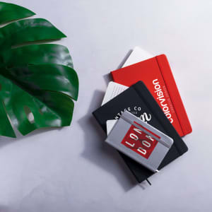 A collection of notepads in red, black, and silver, placed on a light surface beside a green leaf.