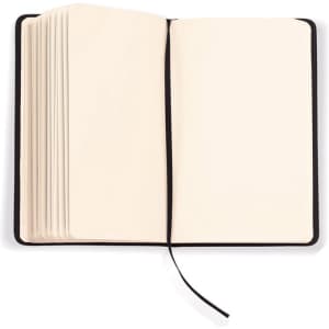 A black notepad with blank pages, featuring a ribbon bookmark and a soft cover design.