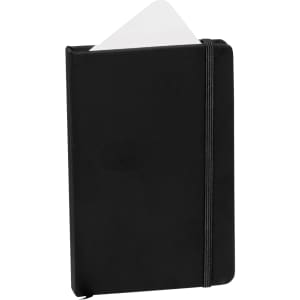 A black notepad with a flexible cover and an elastic band closure, featuring a blank white insert.
