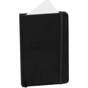 A black notepad with a removable white sheet and an elastic band for closure. Features a logo on the cover.