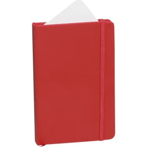 A red notepad with a smooth cover and an elastic closure. It features a blank page peeking out from the top.