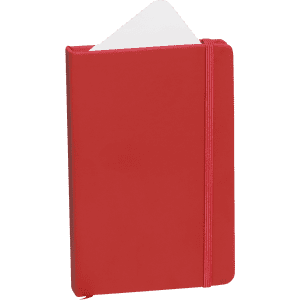 A red notepad with a white page peeking out, secured with an elastic band, featuring a logo on the front.