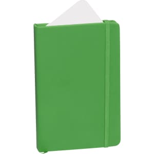 A green notepad with a elastic closure and a white insert peeking from the top. It has a logo on the front.