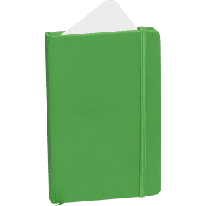 A green notepad with an elastic band, featuring a blank white page peeking out from the top.