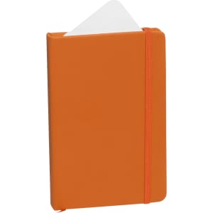 An orange notepad with a rubber band closure and a white sheet peeking out from the top. It features a logo.