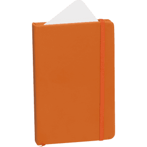 An orange notepad with a textured cover and an elastic band closure, featuring a visible white page peeking out.