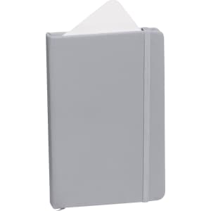 A grey notepad with a flexible cover and an elastic band, featuring a blank insert at the top.