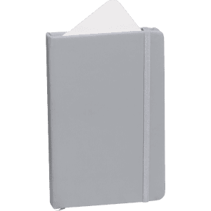 A grey notepad with a white insert and an elastic band closure, featuring a logo on the cover.
