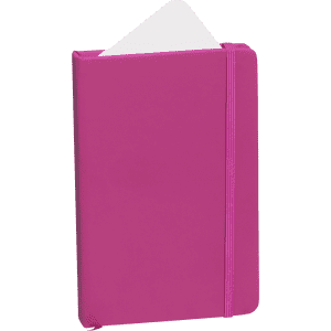 A pink notepad with a white page peeking out, secured by an elastic band. It features a branded logo.