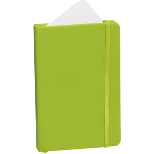 A green notepad with a ribbon closure and a triangular sheet peeking out at the top. It has a logo on the cover.