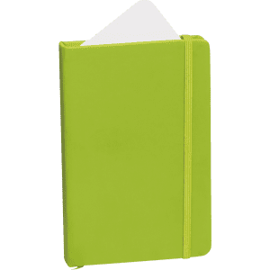 A green notepad with a white cover page and an elastic band closure. It features a logo on the front.