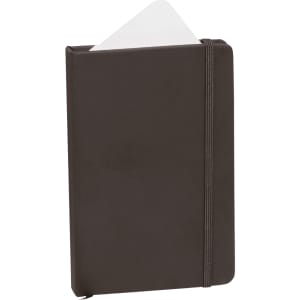 A dark brown notepad with a cover and an elastic band, featuring a white page peeking out from the top.