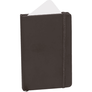 A black notepad with an elastic band, featuring a white paper inside. It has a sleek design and a branding logo.
