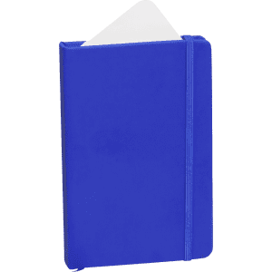 A blue notepad featuring an elastic band closure and a white page peeking out from the top. It has a logo.