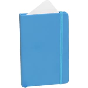 A blue notepad with a white inner page and an elastic band closure, featuring a logo on the cover.