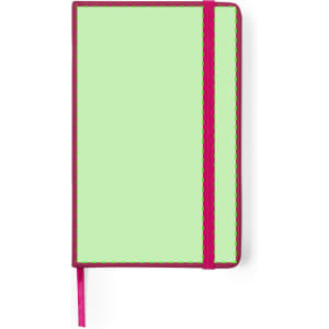 A green notepad with a pink elastic band and trim, featuring a ribbon bookmark.