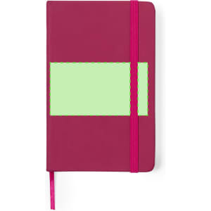A maroon notepad with a green section and a pink elastic band for closure, featuring a logo.