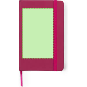A pink Kine Notepad featuring a green blank space on the front cover and a matching elastic band.
