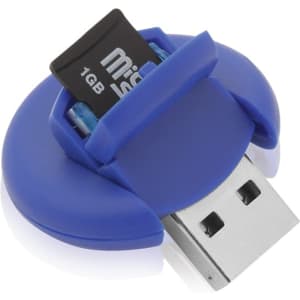 A blue Apek Card Reader with a USB connector and a microSD card slot. It features a compact, rounded design.