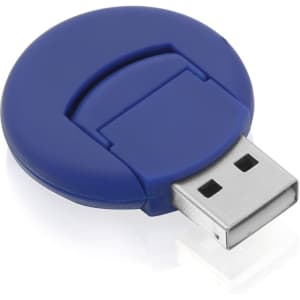 A round blue USB card reader with a silver connector and a sliding mechanism. It features a simple, elegant design.
