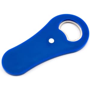 A blue drink bottle opener with a rounded handle and metal opening mechanism, featuring a branding logo.