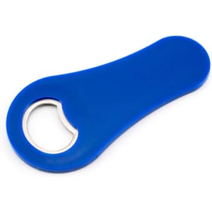 A blue bottle opener with a smooth handle and a stainless steel opening. It features a logo on the surface.