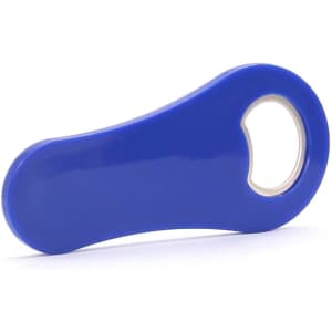 A drink bottle opener in blue with a rounded handle and an integrated opening section. It features a logo on the body.