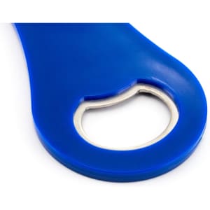 A drink bottle opener in vibrant blue with a metal opening mechanism and a smooth, ergonomic handle.