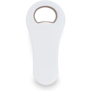 A drink bottle opener in white with a rounded design and a cut-out for easy bottle opening. It features a logo.