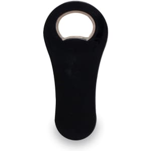 A drink bottle opener in sleek black with a rounded design and a metal opening mechanism. It features a logo.