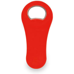 A red bottle opener with a contoured design and silver opening edge, featuring a logo.